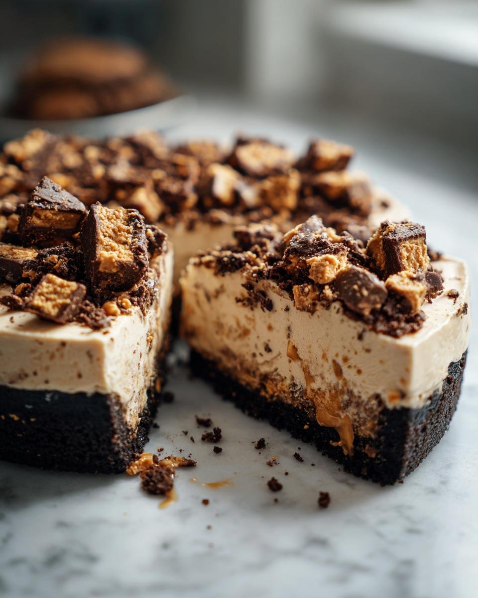 Ein angeschnittenes Decadent Butterfinger Pie Rezept mit dunklem Schokoladenboden und reichhaltigem Topping.