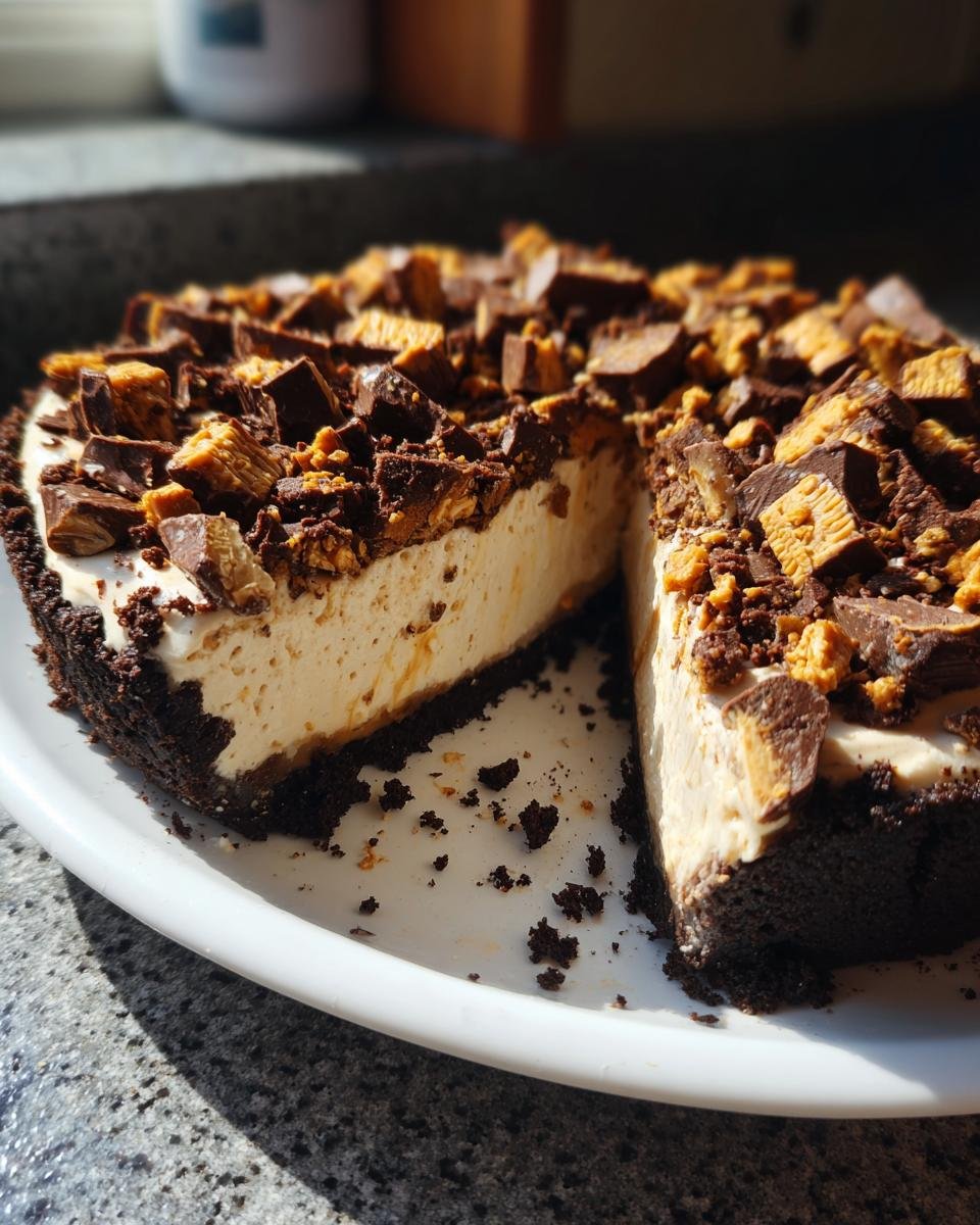 Ein angeschnittenes Decadent Butterfinger Pie Rezept mit dunklem Schokoladenboden und reichhaltigem Topping.