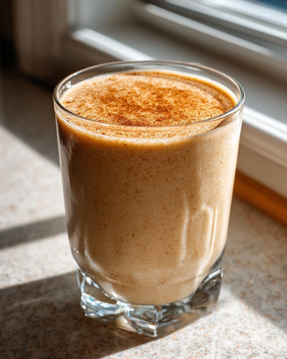 Nahaufnahme eines cremigen Delicious Apple Pie Smoothie, bestreut mit Zimt, in einem Glas.