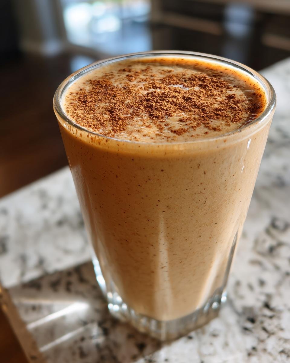 Ein Glas Delicious Apple Pie Smoothie, bestreut mit Zimt, auf einer hellen Marmoroberfl&auml;che.