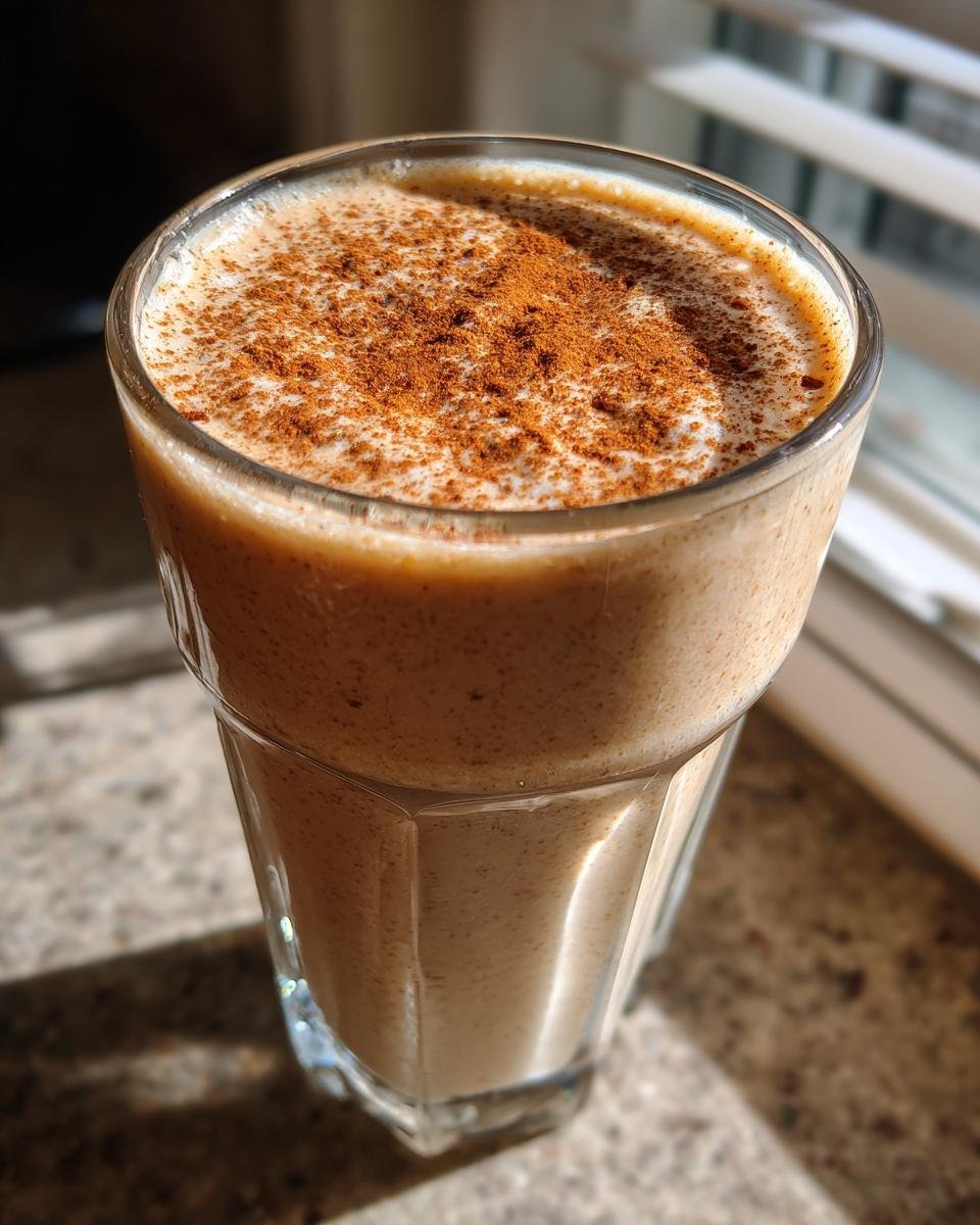 Nahaufnahme eines Delicious Apple Pie Smoothie mit Zimt bestreut in einem Glas.