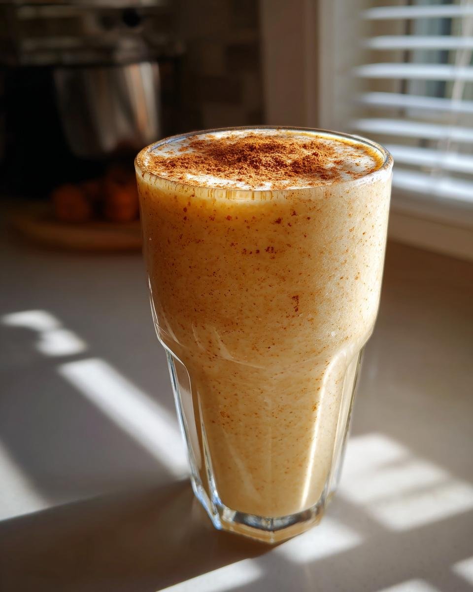 Ein hohes Glas mit einem cremigen Delicious Apple Pie Smoothie, garniert mit Zimt.