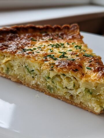 Nahaufnahme eines Stücks Delicious Artichoke Broad Bean Tart mit goldbrauner Kruste auf einem weißen Teller.