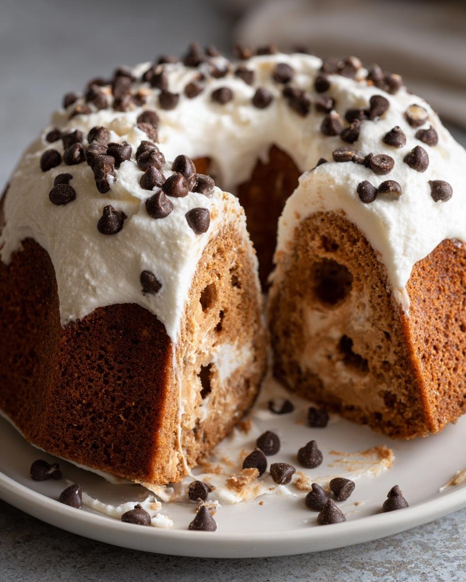 Anschnitt eines Delicious Chocolate Peanut Butter Poke Cake mit wei&szlig;em Frosting und Schokotropfen.