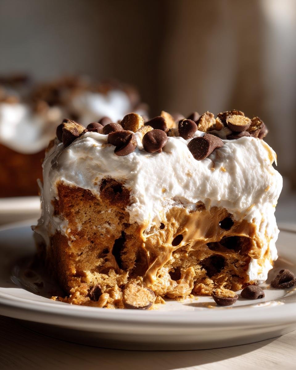 Nahaufnahme eines St&uuml;cks Delicious Chocolate Peanut Butter Poke Cake mit cremiger F&uuml;llung und Schokost&uuml;ckchen.