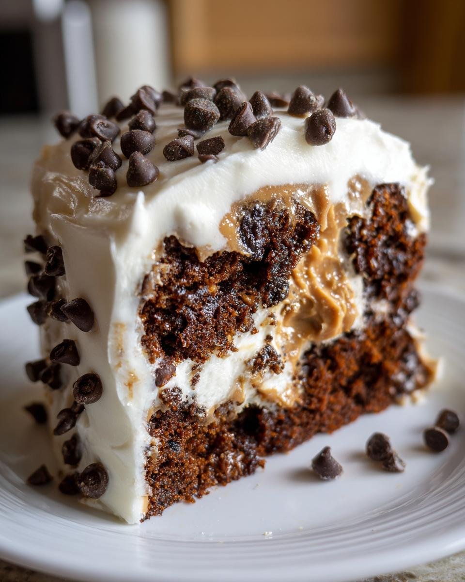 Nahaufnahme eines St&uuml;cks Delicious Chocolate Peanut Butter Poke Cake mit Schokoladenst&uuml;ckchen.