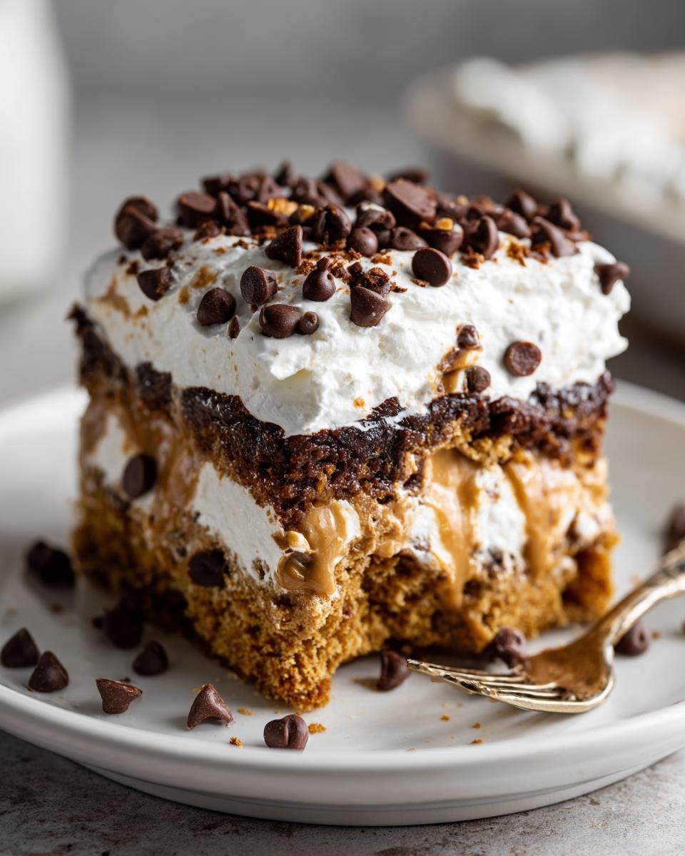 Nahaufnahme eines St&uuml;cks Delicious Chocolate Peanut Butter Poke Cake mit Erdnussbutterf&uuml;llung und Schokostreuseln.