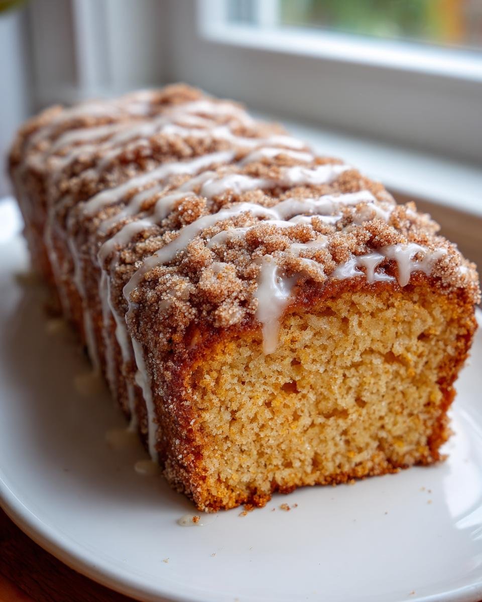 Nahaufnahme eines angeschnittenen Delicious Churro Cake mit Zimt-Zucker-Streuseln und Zuckerguss auf einem wei&szlig;en Teller.