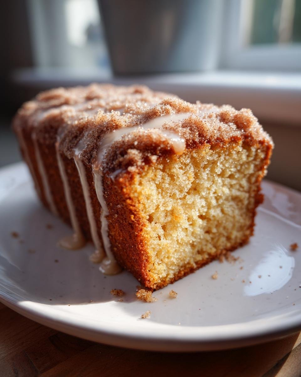 Ein angeschnittenes St&uuml;ck des Delicious Churro Cake mit Zimtstreuseln und Zuckerguss auf einem wei&szlig;en Teller.