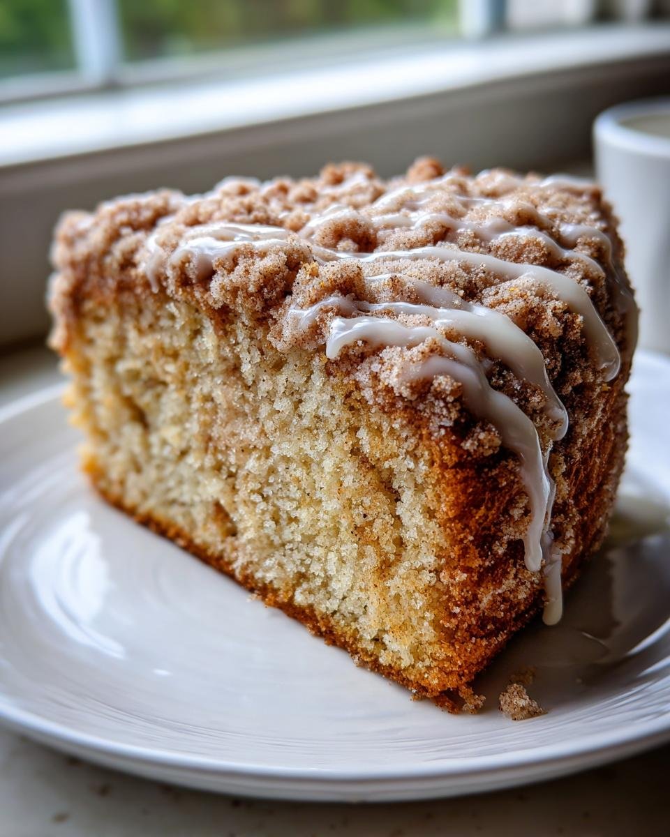 Ein saftiges St&uuml;ck Delicious Churro Cake mit Zimtstreuseln und wei&szlig;em Zuckerguss auf einem wei&szlig;en Teller.