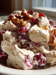 Nahaufnahme von Delicious Creamy Cranberry Pecan Chicken Salad mit ganzen Pekann&uuml;ssen und roten Cranberrys in cremiger So&szlig;e.