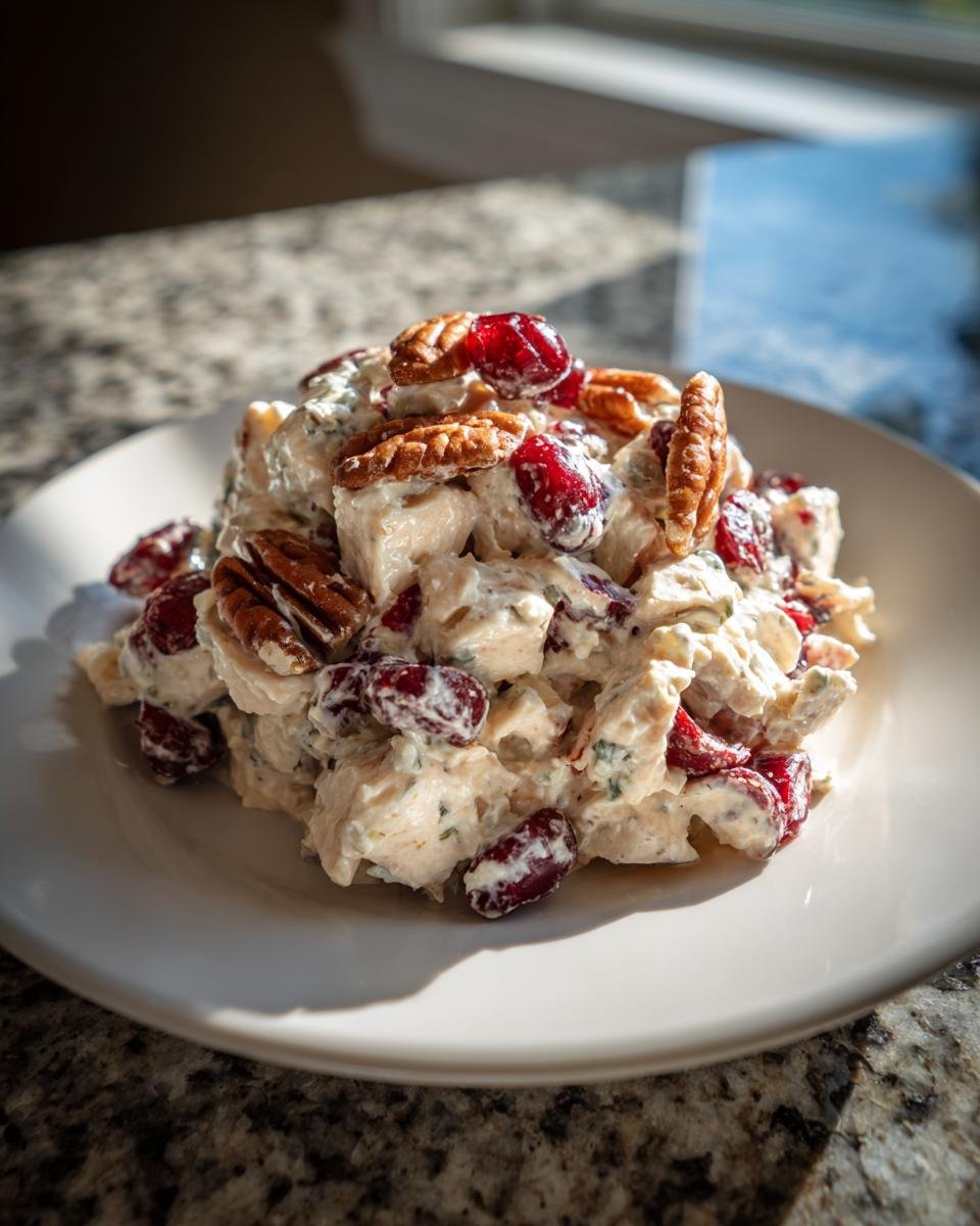 Ein Teller mit Delicious Creamy Cranberry Pecan Chicken Salad, garniert mit Pekann&uuml;ssen und Cranberrys.