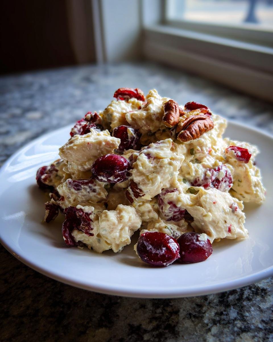 Nahaufnahme von Delicious Creamy Cranberry Pecan Chicken Salad mit ganzen Cranberrys und Pekann&uuml;ssen auf einem wei&szlig;en Teller.