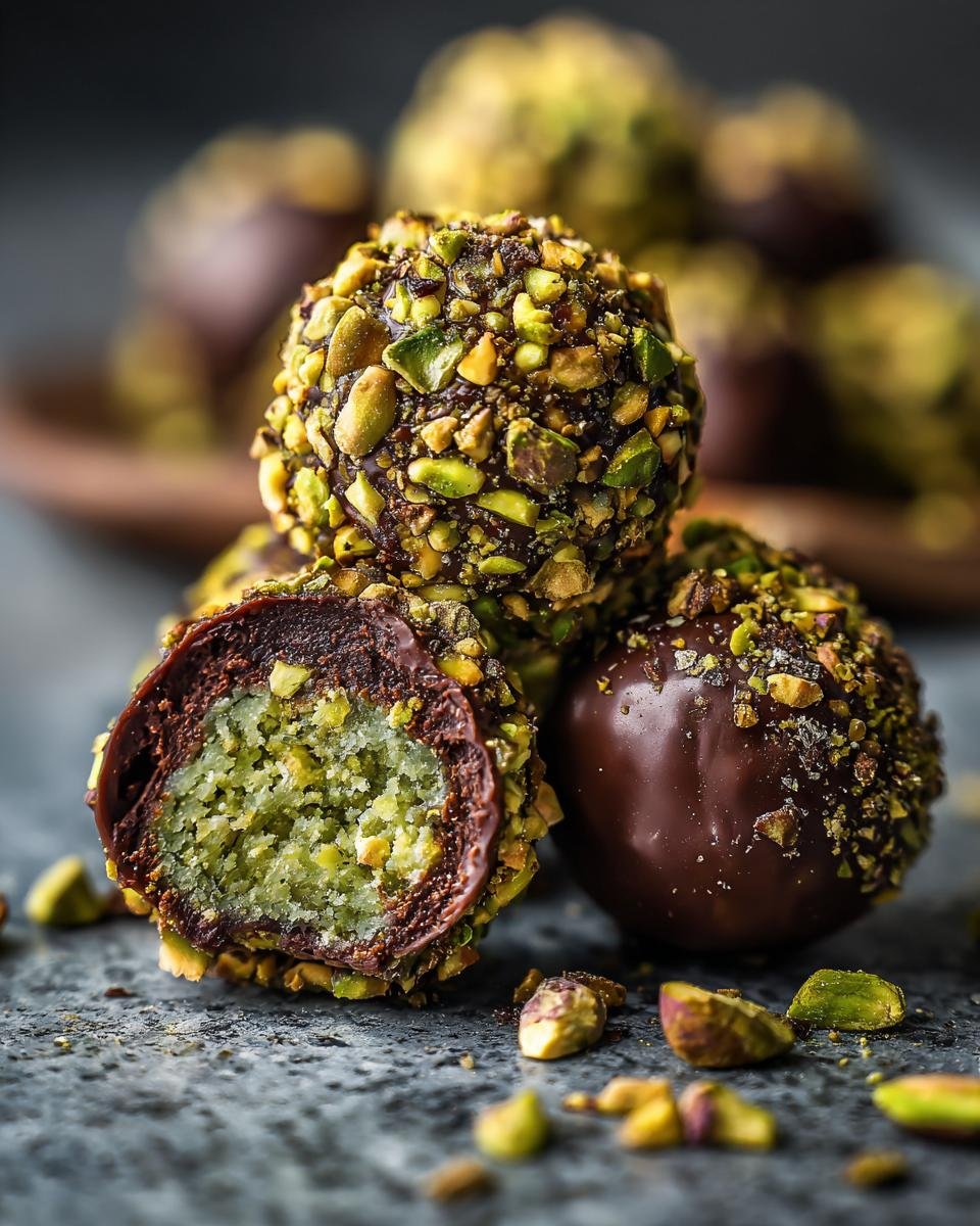 Nahaufnahme von Delicious Dubai Chocolate Balls, umh&uuml;llt von gehackten Pistazien, eines angeschnitten.