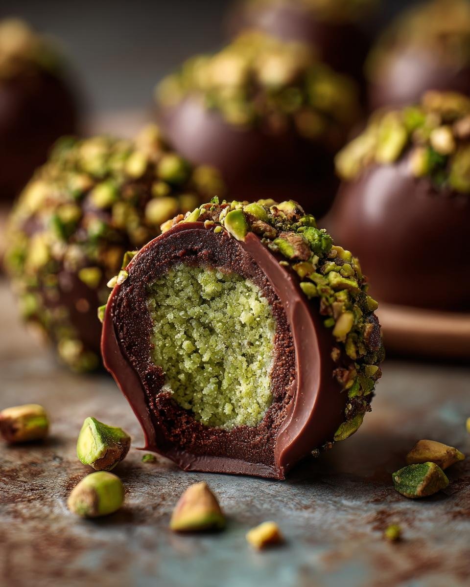 Nahaufnahme einer angeschnittenen Delicious Dubai Chocolate Ball mit gr&uuml;ner Pistazienf&uuml;llung und Schokoladen&uuml;berzug.