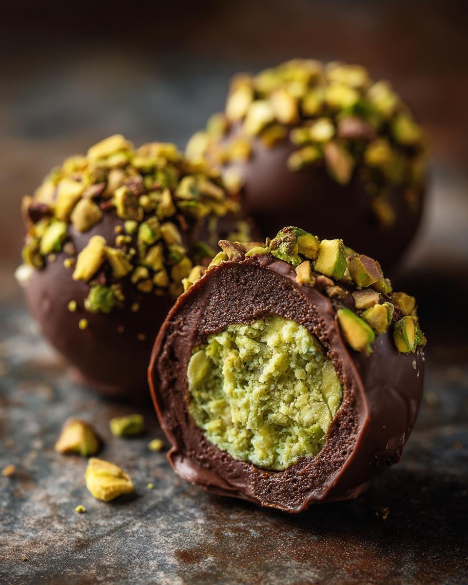 Aufgeschnittene Dubai Chocolate Balls mit Pistazienf&uuml;llung und gehackten Pistazien obenauf.