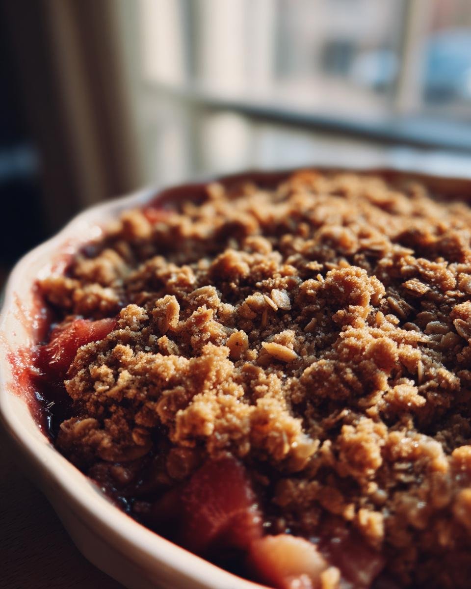 Nahaufnahme von knusprigem Streuselbelag &uuml;ber saftigem Rhabarber in einer Auflaufform f&uuml;r das Delicious Easy Rhubarb Crisp Rezept.