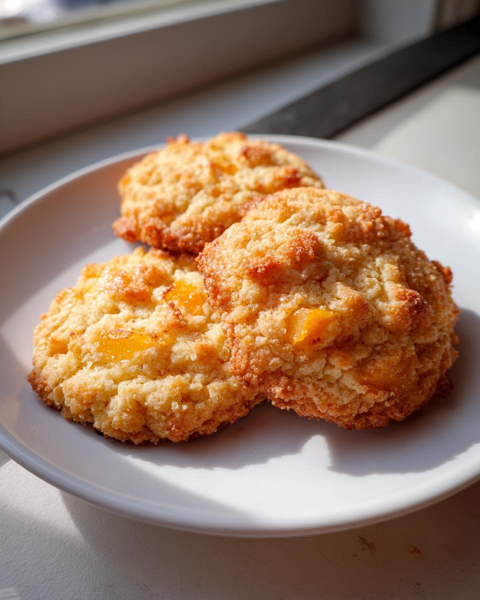 Drei goldbraune Delicious Peach Cobbler Cookies mit sichtbaren Pfirs&uuml;ckst&uuml;cken auf einem wei&szlig;en Teller.