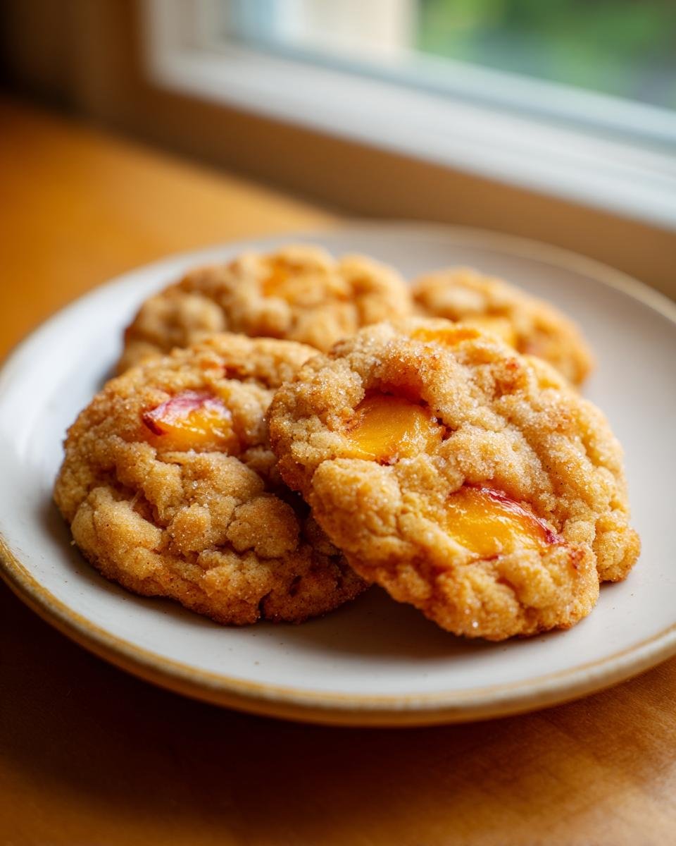 Nahaufnahme von Delicious Peach Cobbler Cookies, bestreut mit Zucker, auf einem hellen Teller.