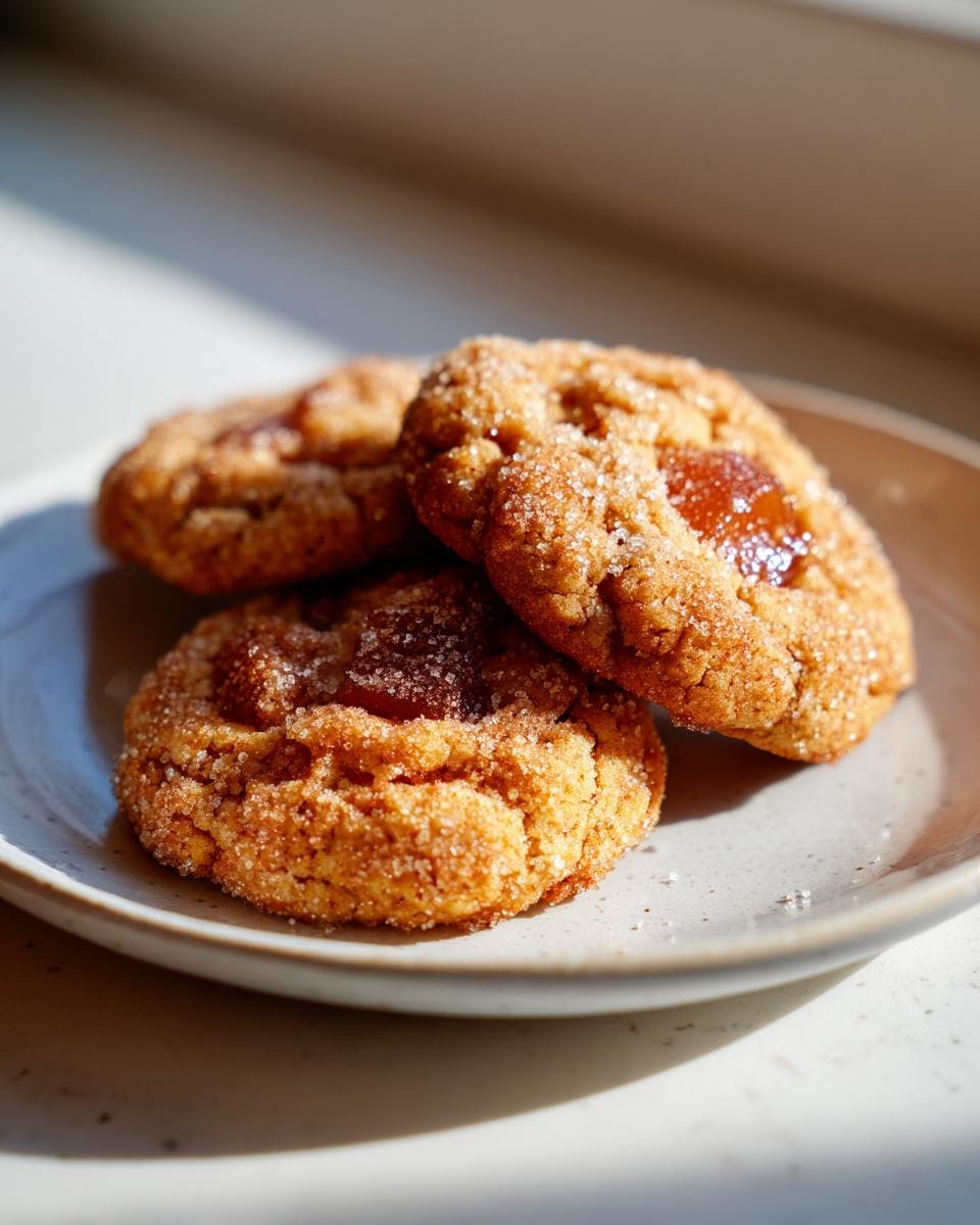 Drei Delicious Peach Cobbler Cookies, bestreut mit Zimt und Zucker, auf einem hellen Teller.