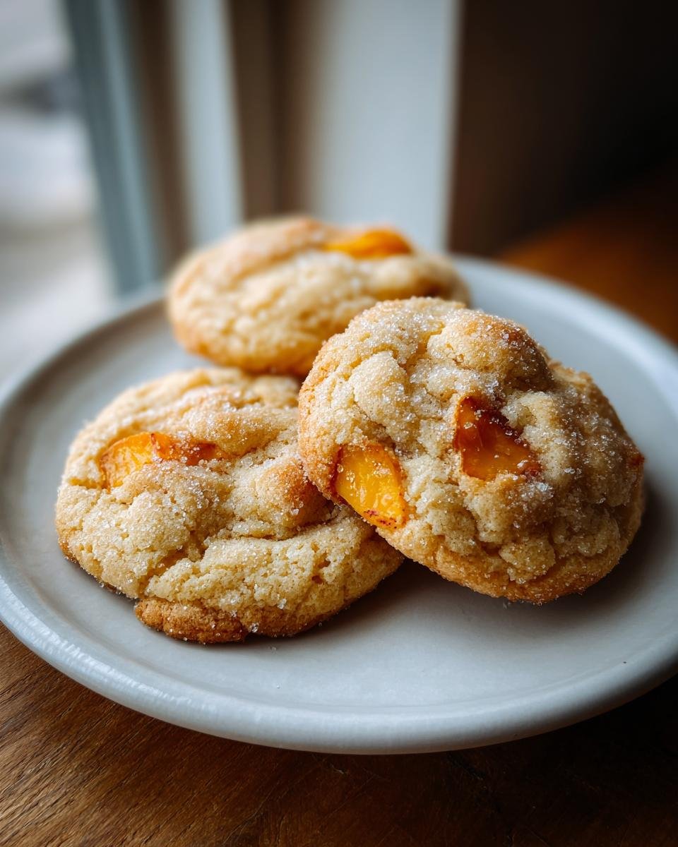 Drei Delicious Peach Cobbler Cookies, bestreut mit Zucker, auf einem hellgrauen Teller.