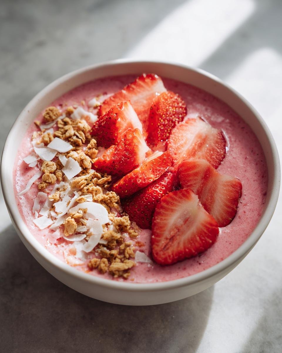 Nahaufnahme einer rosa Erdbeer Smoothie Bowl, garniert mit frischen Erdbeerscheiben, Granola und Kokoschips.