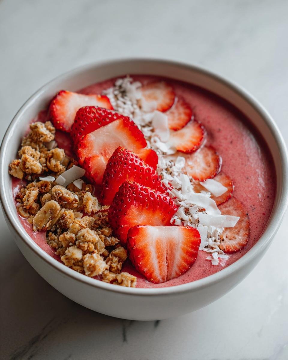 Nahaufnahme einer rosa Erdbeer Smoothie Bowl, garniert mit frischen Erdbeerscheiben, Granola und Kokosraspeln.