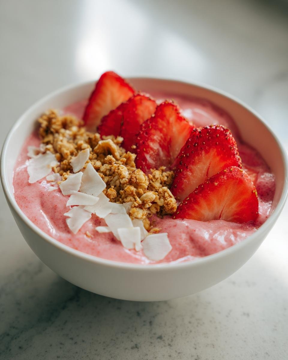 Nahaufnahme einer Sch&uuml;ssel mit der Delicious Strawberry Smoothie Bowl, garniert mit frischen Erdbeerscheiben, Granola und Kokoschips.