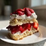 Ein hohes St&uuml;ck Delicious Ultimate Strawberry Shortcake mit Biskuit, viel Sahne und gl&auml;nzenden Erdbeeren.