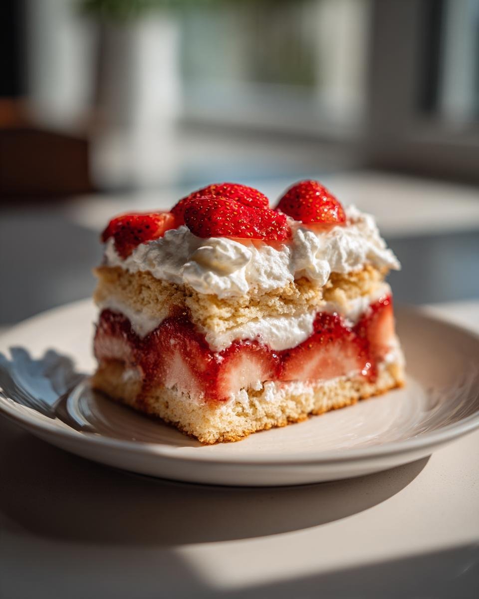 Nahaufnahme eines St&uuml;cks Delicious Ultimate Strawberry Shortcake mit Sahne und frischen Erdbeeren auf einem Teller.