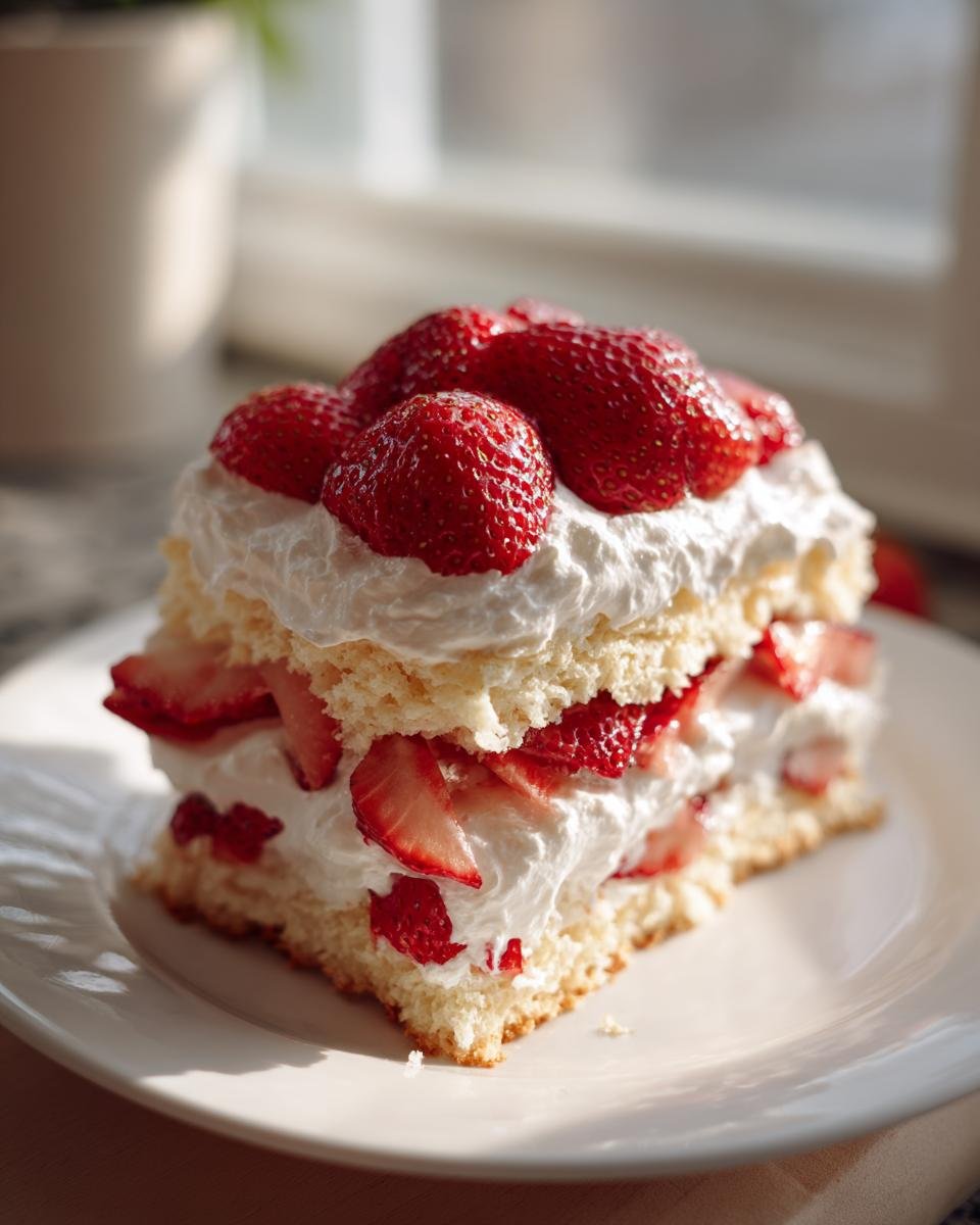 Ein saftiges St&uuml;ck Delicious Ultimate Strawberry Shortcake mit viel Sahne und frischen Erdbeeren.