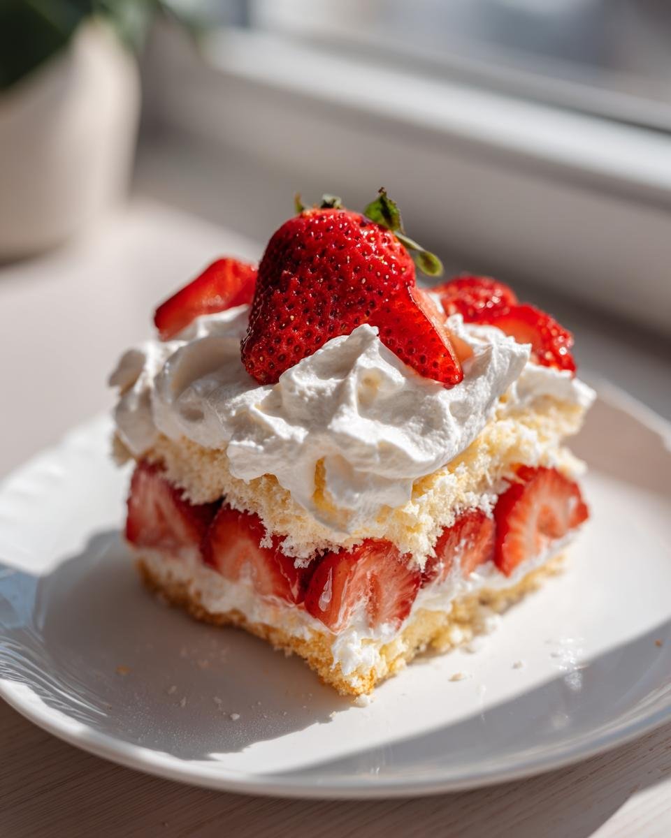 Ein St&uuml;ck Delicious Ultimate Strawberry Shortcake mit Biskuit, frischen Erdbeeren und viel Schlagsahne auf einem wei&szlig;en Teller.
