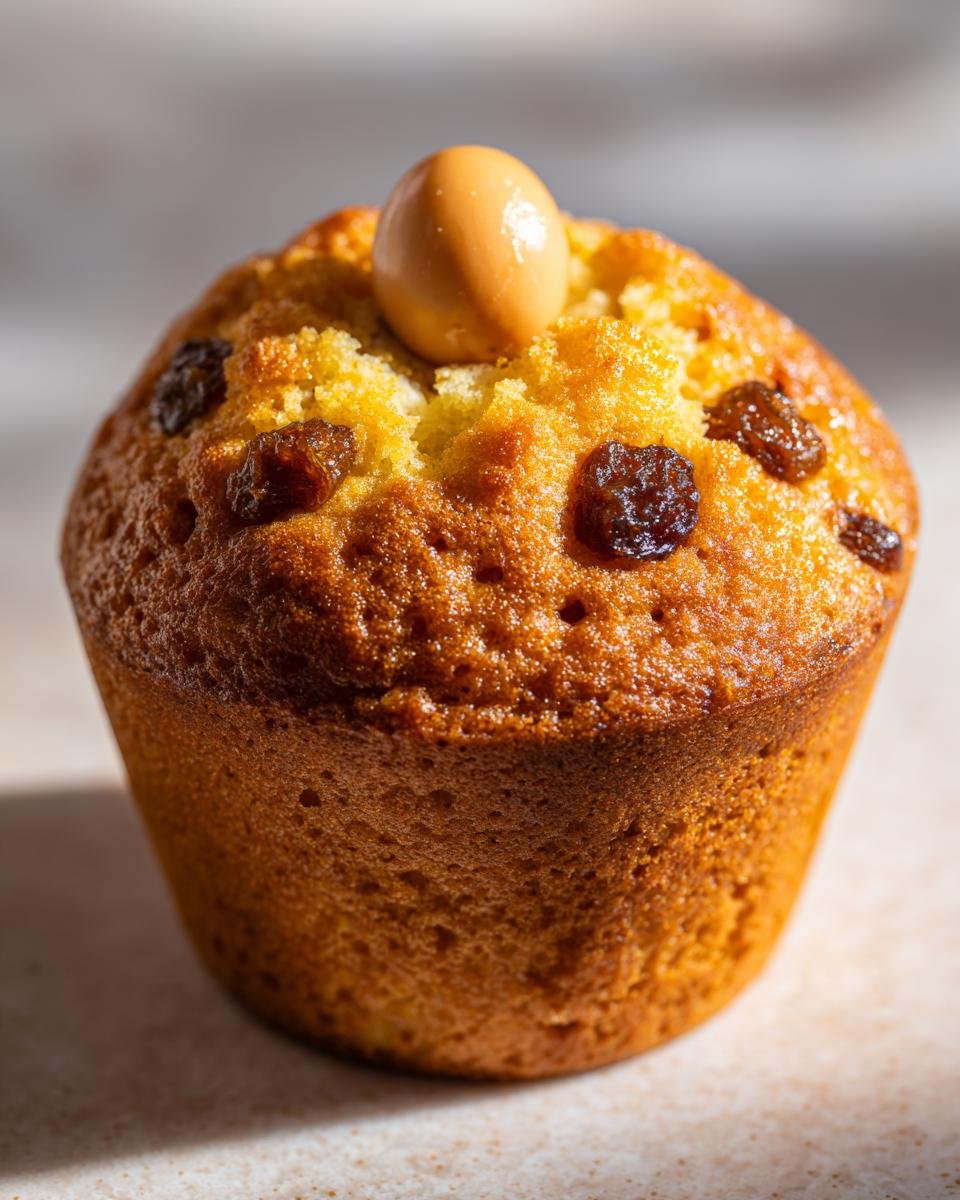 Nahaufnahme eines saftigen Delightful Simnel Muffins mit Rosinen und einer Marzipankugel obenauf.