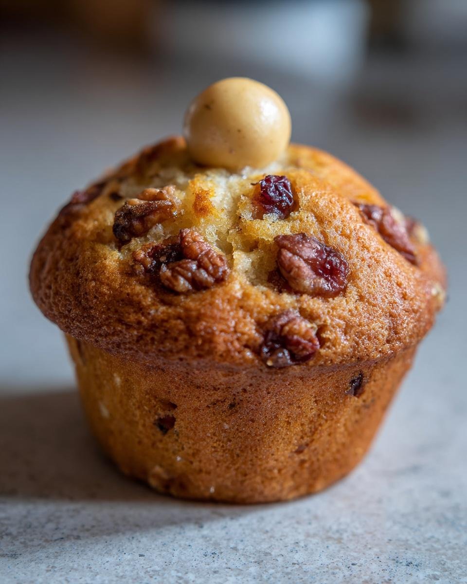 Nahaufnahme eines saftigen Delightful Simnel Muffins, verziert mit N&uuml;ssen, Rosinen und einer kleinen Marzipankugel.