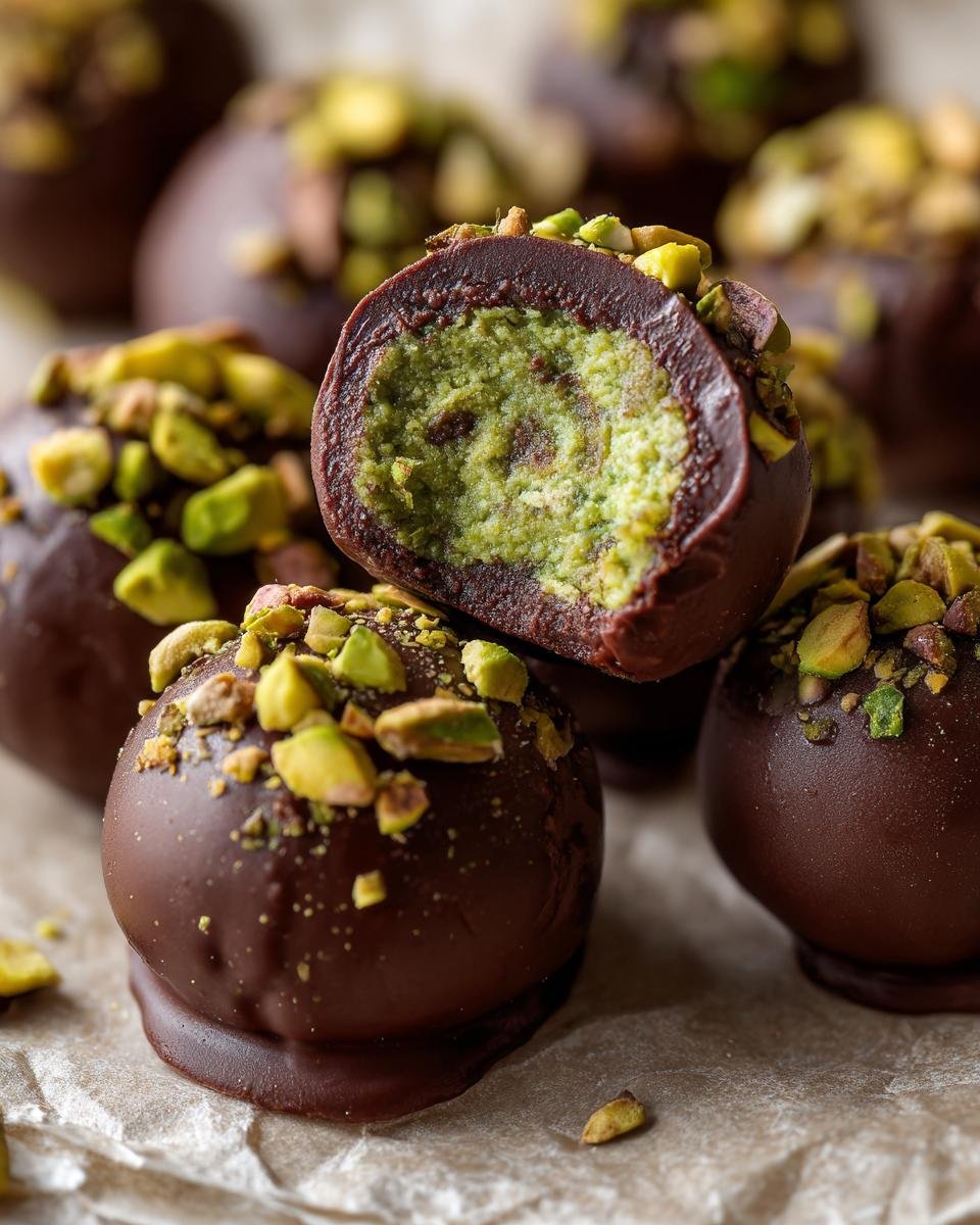 Nahaufnahme von Delicious Dubai Chocolate Balls, einer aufgeschnitten, die gr&uuml;ne Pistazienf&uuml;llung zeigt.