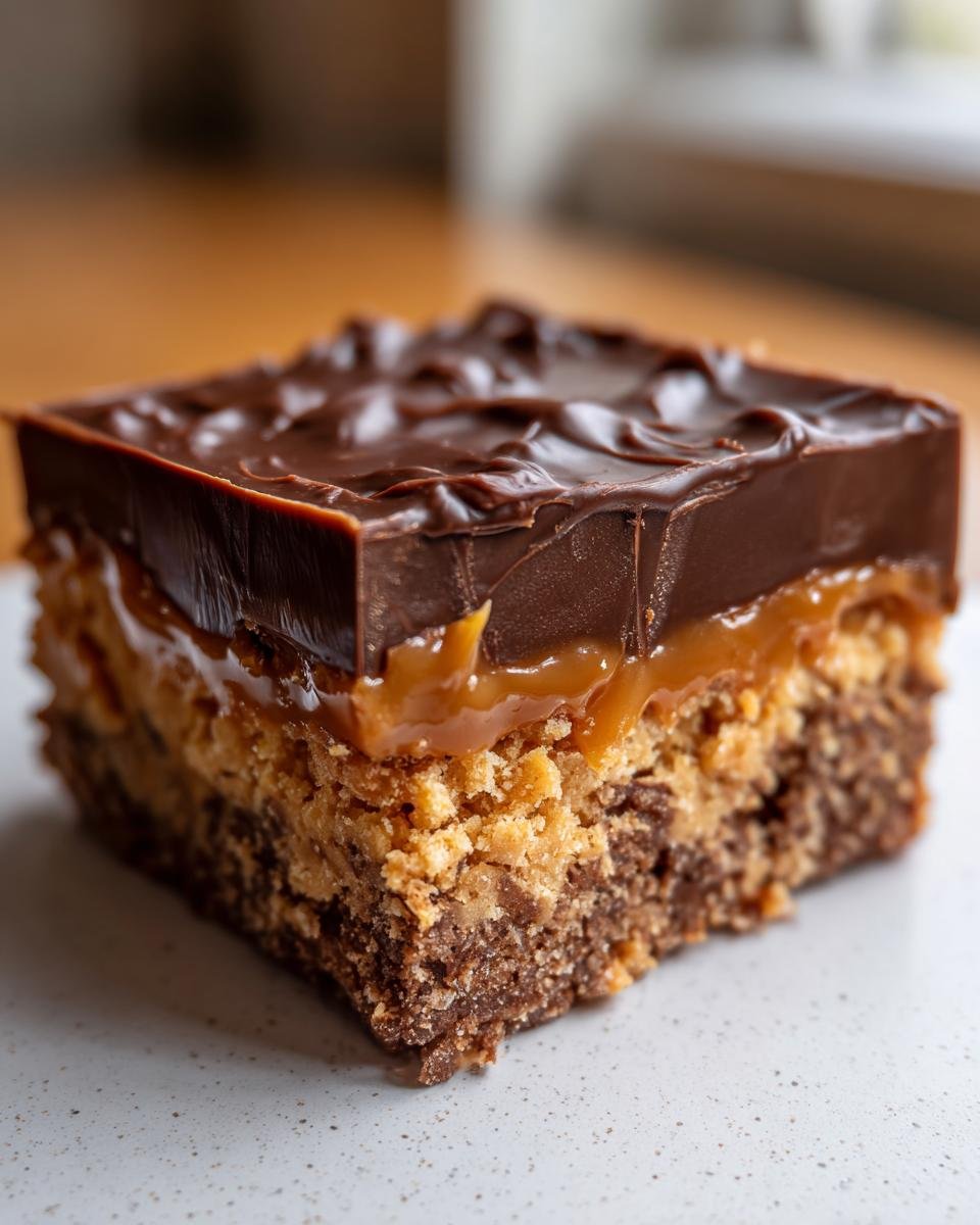 Nahaufnahme eines geschichteten Easter Millionaires Squares mit Schokoladen-Topping, Karamell und knusprigem Boden.