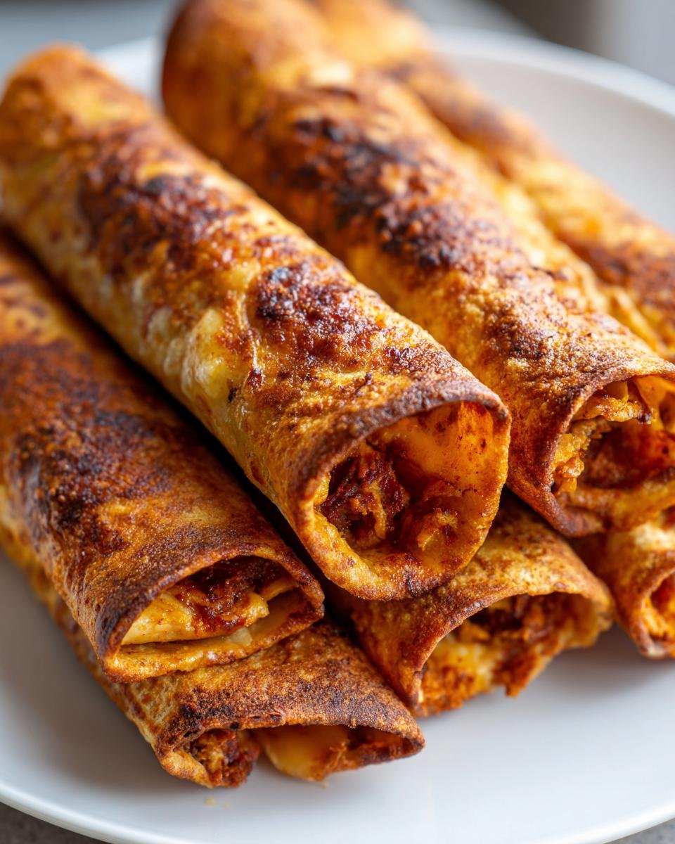 Nahaufnahme von knusprigen, gebackenen Easy Baked Chicken Taquitos mit goldbrauner, leicht angebr&auml;unter Oberfl&auml;che.