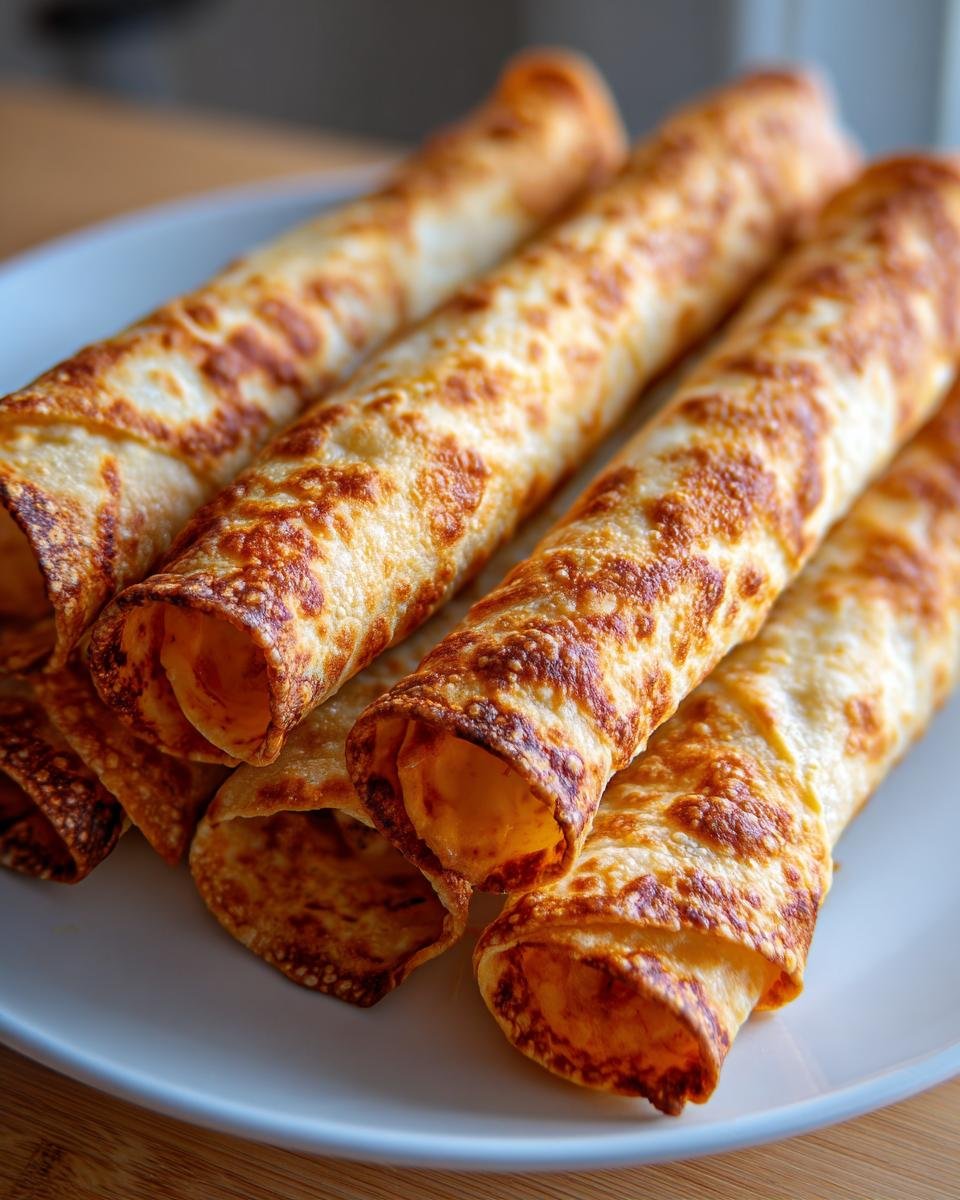 Nahaufnahme von knusprigen, goldbraun gebackenen Easy Baked Chicken Taquitos, die auf einem wei&szlig;en Teller gestapelt sind.