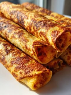 Stapel von knusprigen, goldbraun gebackenen Easy Baked Chicken Taquitos auf einem wei&szlig;en Teller.