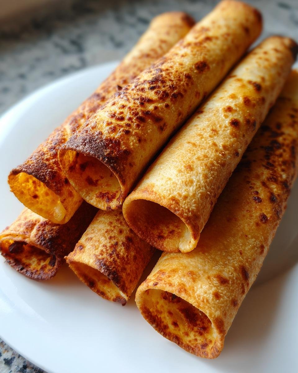 Nahaufnahme von knusprigen Easy Baked Chicken Taquitos, goldbraun gebacken auf einem wei&szlig;en Teller.