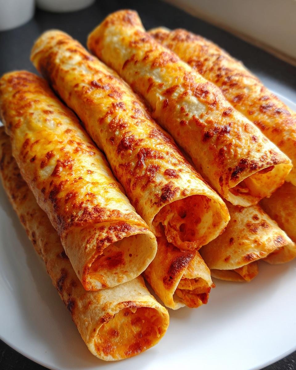 Nahaufnahme von gebackenen Easy Baked Chicken Taquitos Crunchy Cheesy mit goldbraun gebackenem K&auml;se.