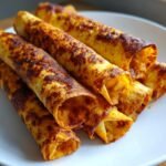 Nahaufnahme von knusprigen Easy Baked Chicken Taquitos mit K&auml;se, goldbraun gebacken auf einem wei&szlig;en Teller.