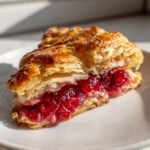 Nahaufnahme eines aufgeschnittenen Easy Cranberry Hand Pies mit goldbraunem Bl&auml;tterteig und leuchtend roter Preiselbeerf&uuml;llung.
