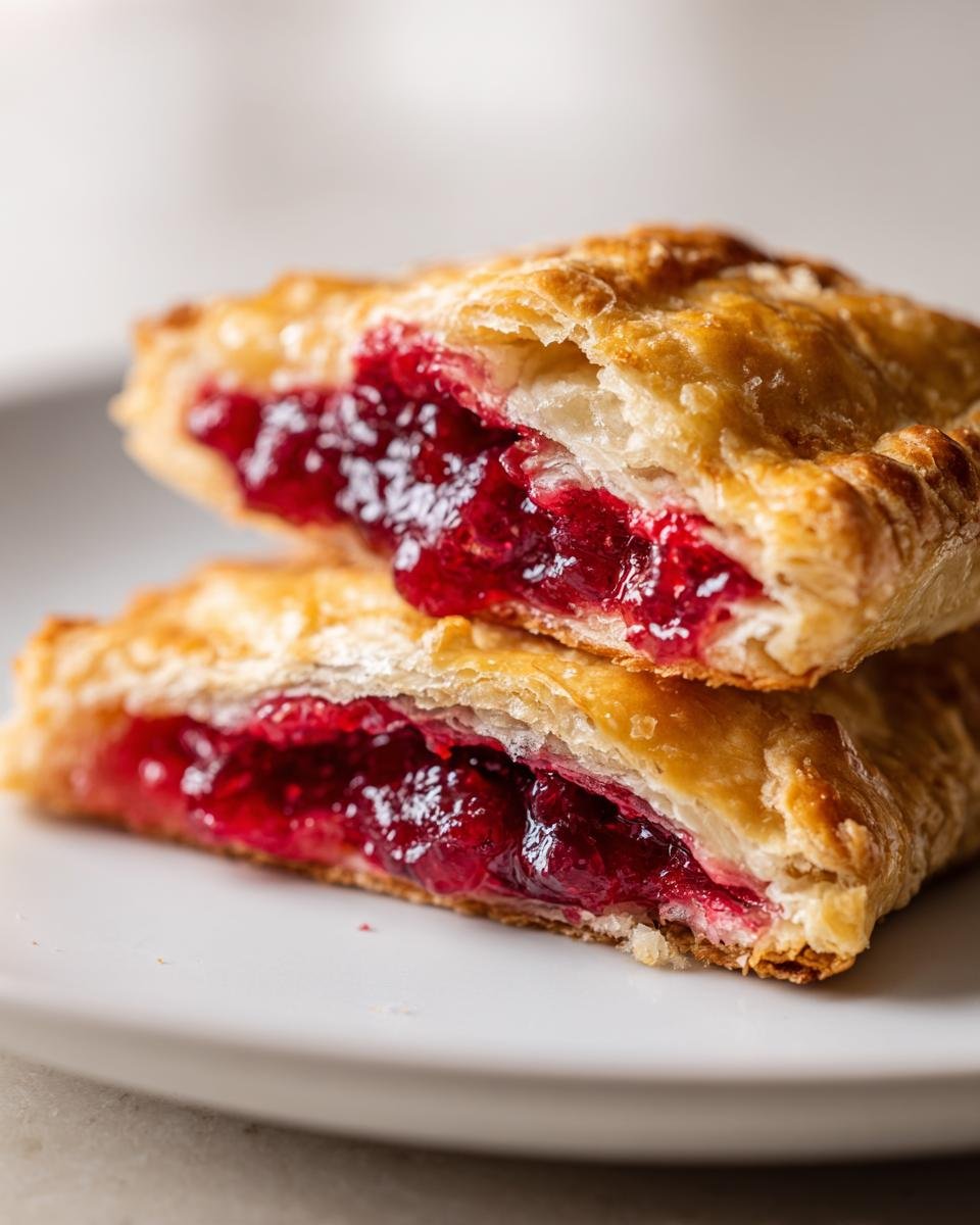 Nahaufnahme von zwei H&auml;lften Easy Cranberry Hand Pies, die eine leuchtend rote Preiselbeerf&uuml;llung zeigen.