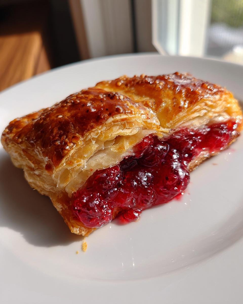 Nahaufnahme einer aufgeschnittenen Easy Cranberry Hand Pies mit goldbraunem Bl&auml;tterteig und leuchtend roter Preiselbeerf&uuml;llung.