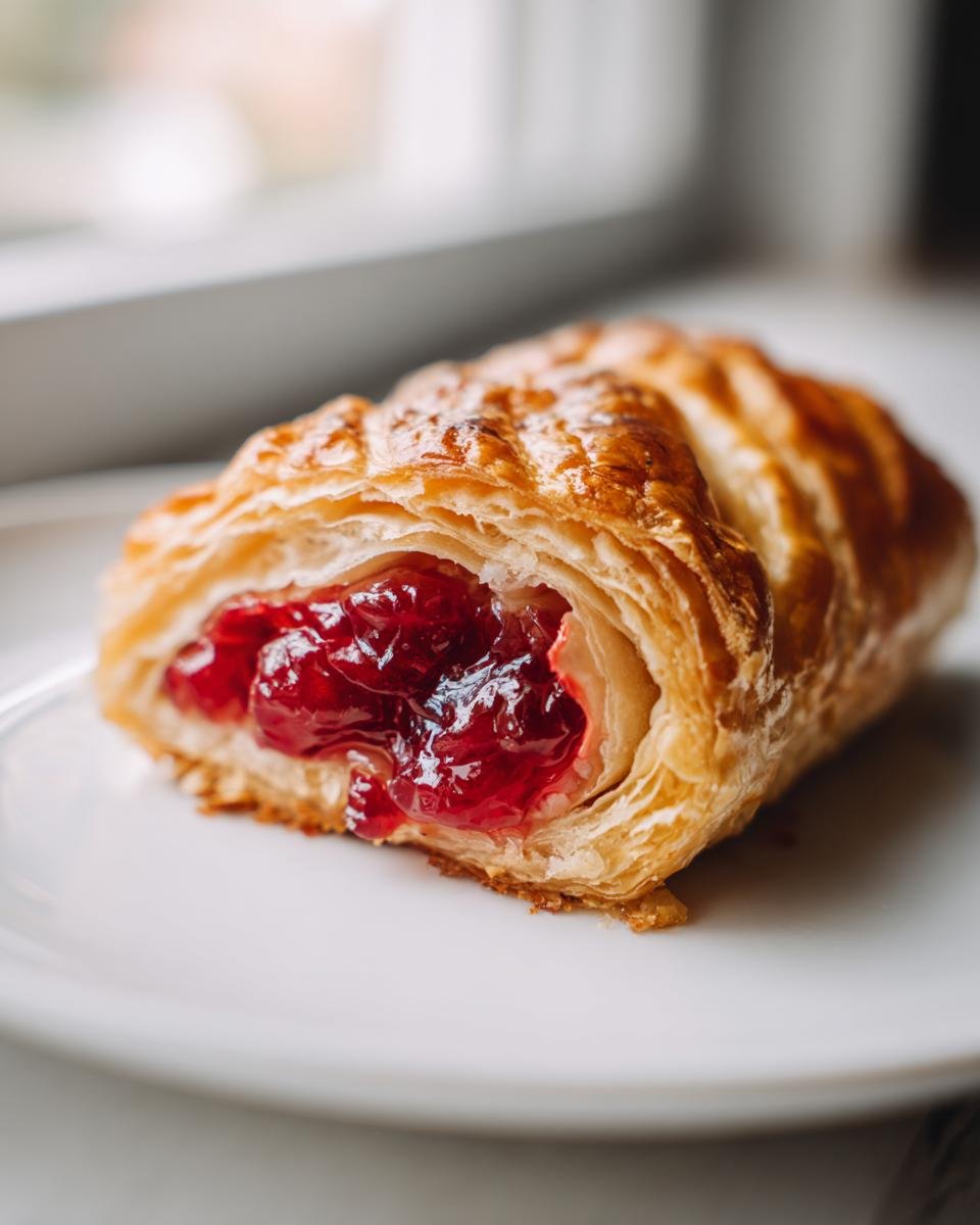 Nahaufnahme eines aufgeschnittenen Geb&auml;cks mit goldbrauner Bl&auml;tterteigh&uuml;lle und leuchtend roter Preiselbeerkonfit&uuml;re, ideal f&uuml;r Easy Cranberry Hand Pies.