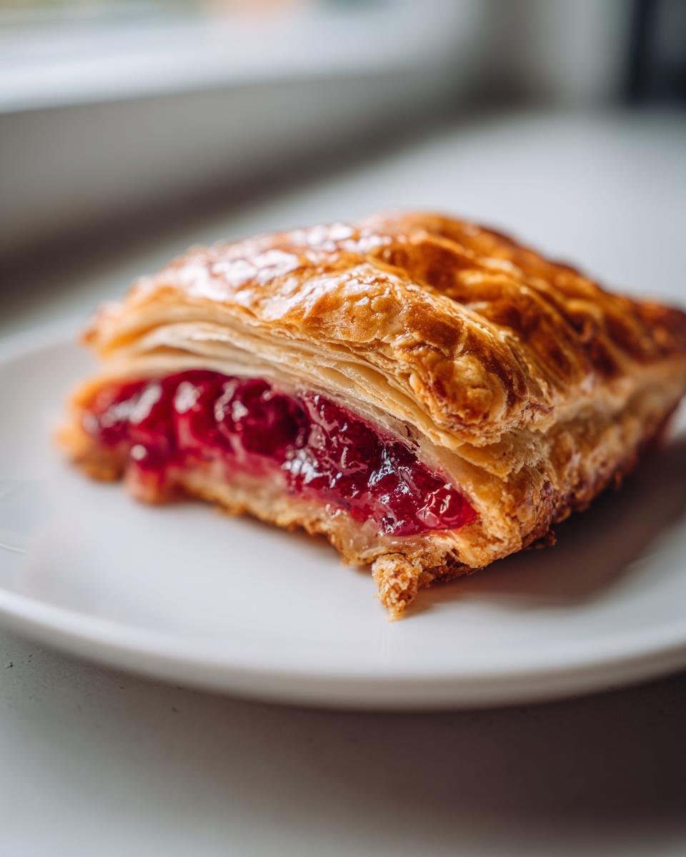 Nahaufnahme eines bl&auml;ttrigen Geb&auml;cks mit leuchtend roter F&uuml;llung: Easy Cranberry Hand Pies auf einem wei&szlig;en Teller.