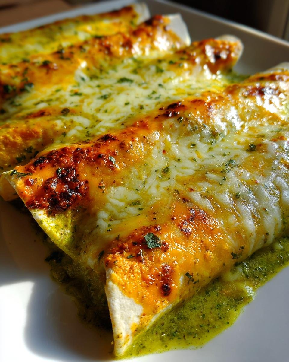 Nahaufnahme von gebackenen Easy Creamy Enchiladas Suizas, bedeckt mit geschmolzenem K&auml;se und gr&uuml;ner Sauce.