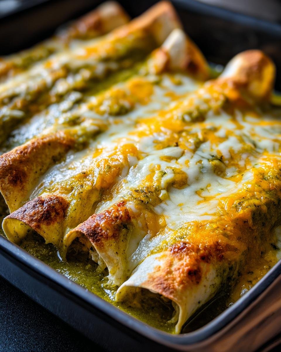 Nahaufnahme von gebackenen Easy Creamy Enchiladas Suizas in einer Auflaufform, bedeckt mit gr&uuml;ner Sauce und geschmolzenem K&auml;se.