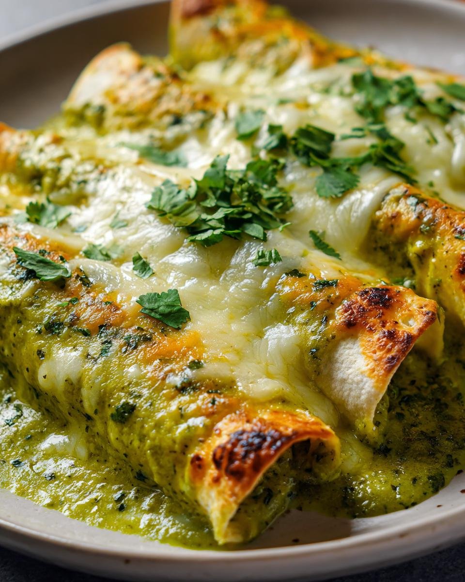 Nahaufnahme von &uuml;berbackenen Easy Creamy Enchiladas Suizas mit geschmolzenem K&auml;se und frischer Petersilie.